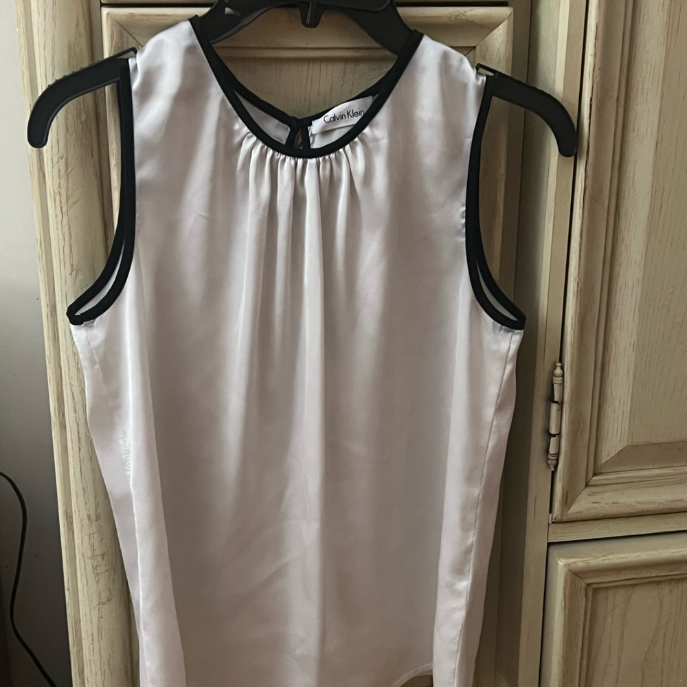 Calvin Klein White Satin Chemise with Black Trim